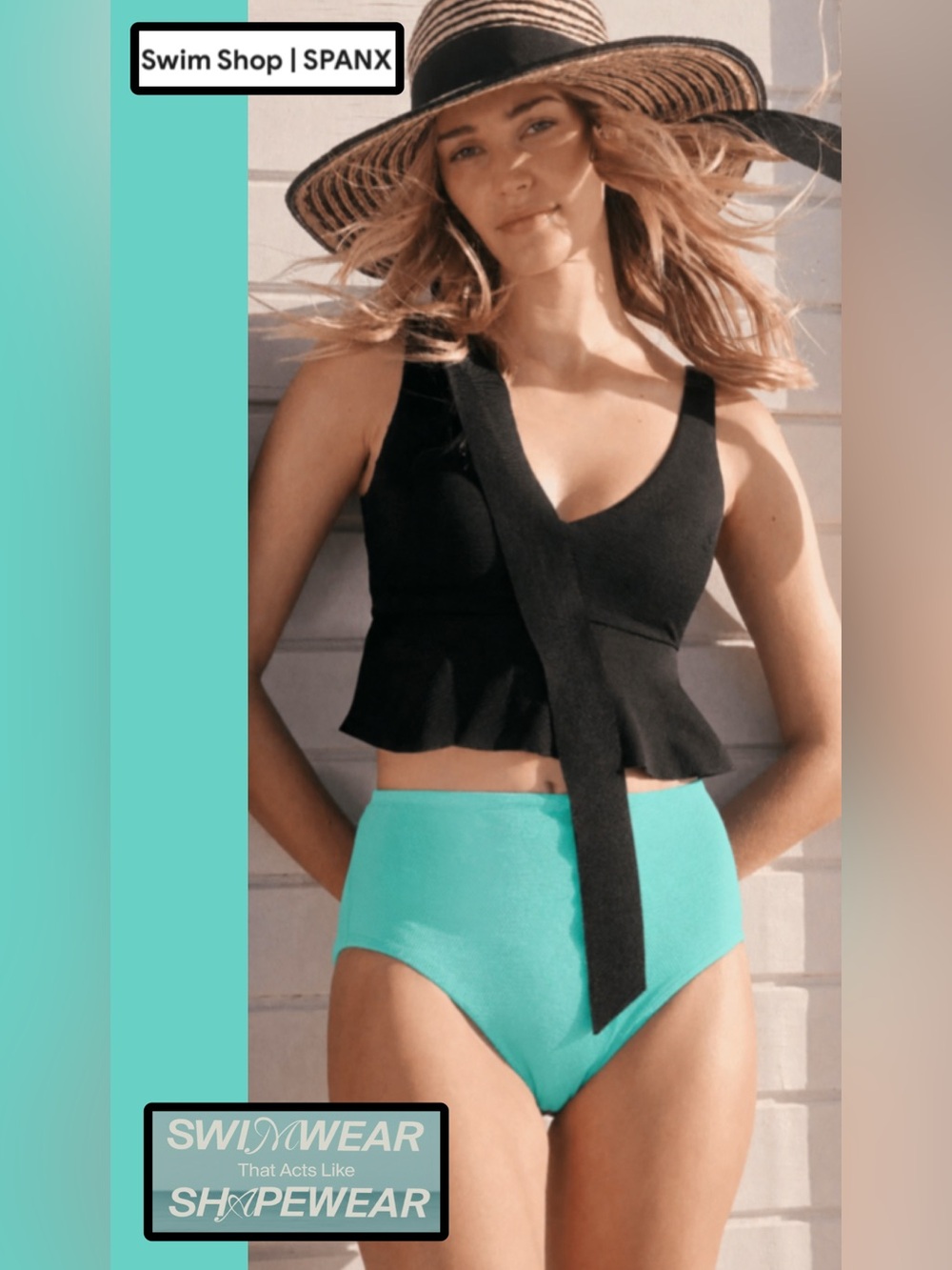 NWT SPANX 2-piece Tankini Set Black Peplum Top & Turquoise High Rise Bottom